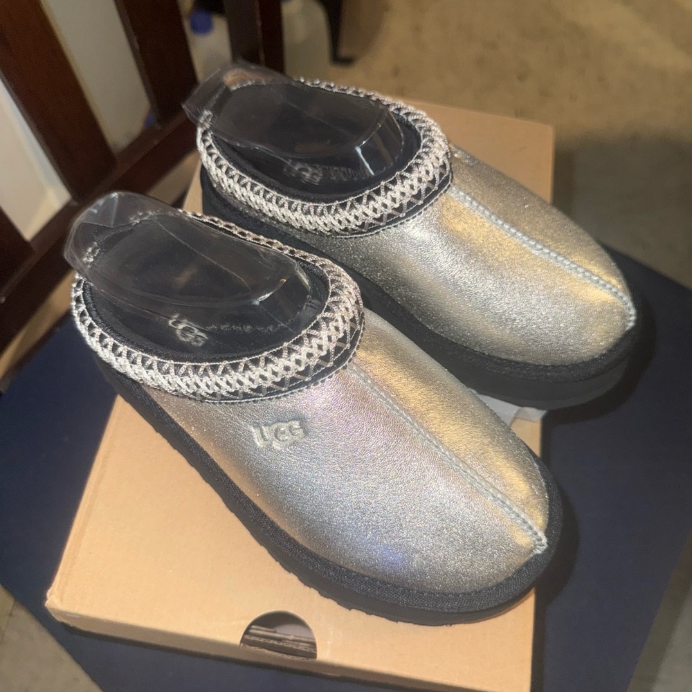 UGG Silver Slippers with Sparkly Finish and Cushioned Footbed